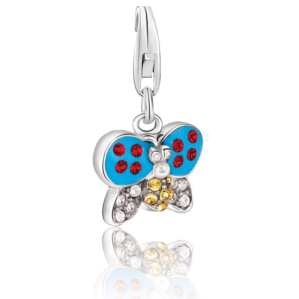 Sterling silver butterfly charm with blue enamel, red, yellow, and white crystals.