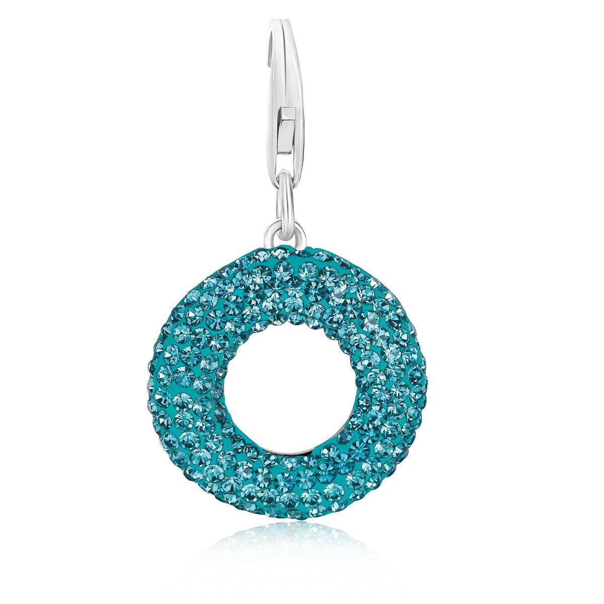 Sterling silver ring charm with light blue crystal embellishments and a lobster clasp.