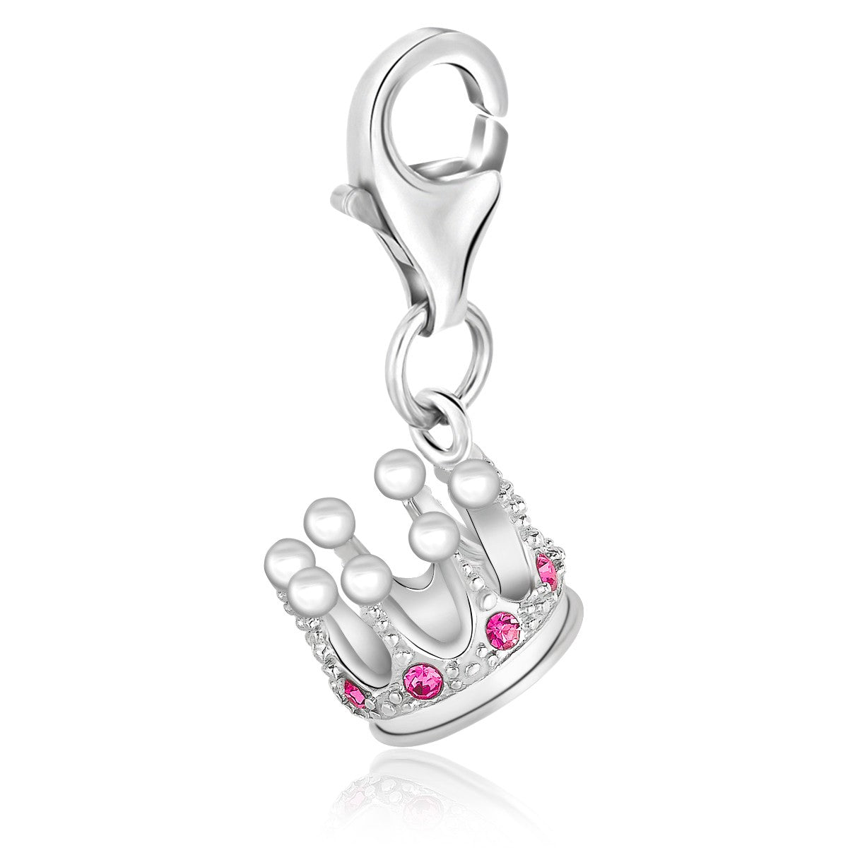 Sterling silver crown charm with white and pink crystal accents and a lobster clasp.