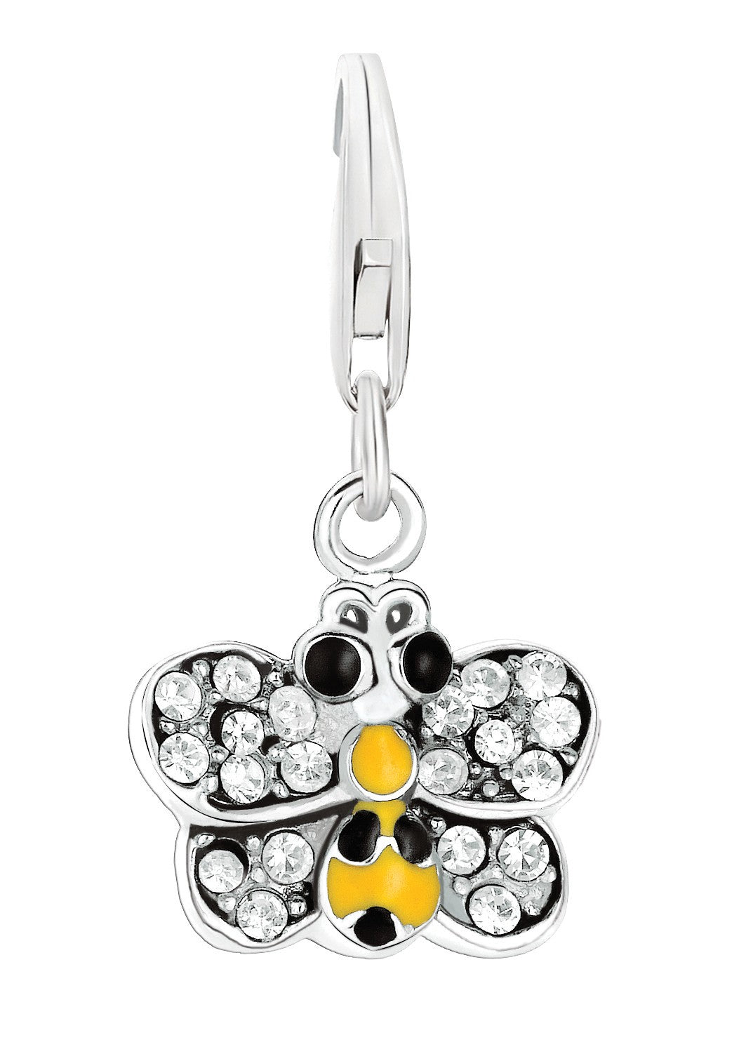 Sterling silver butterfly charm with white crystals, yellow, and black enamel details.