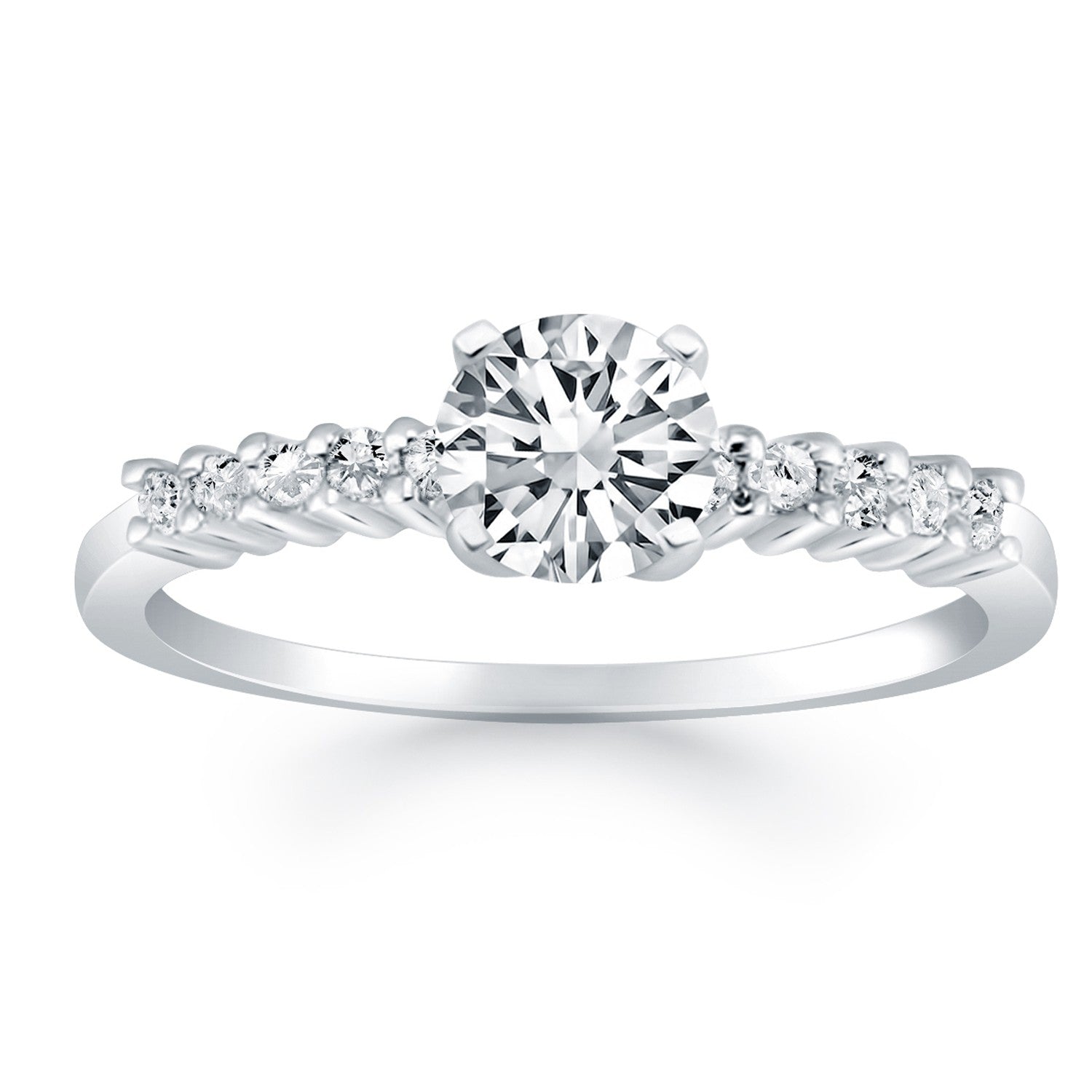 14k white gold engagement ring with a round center diamond and ten accent diamonds.