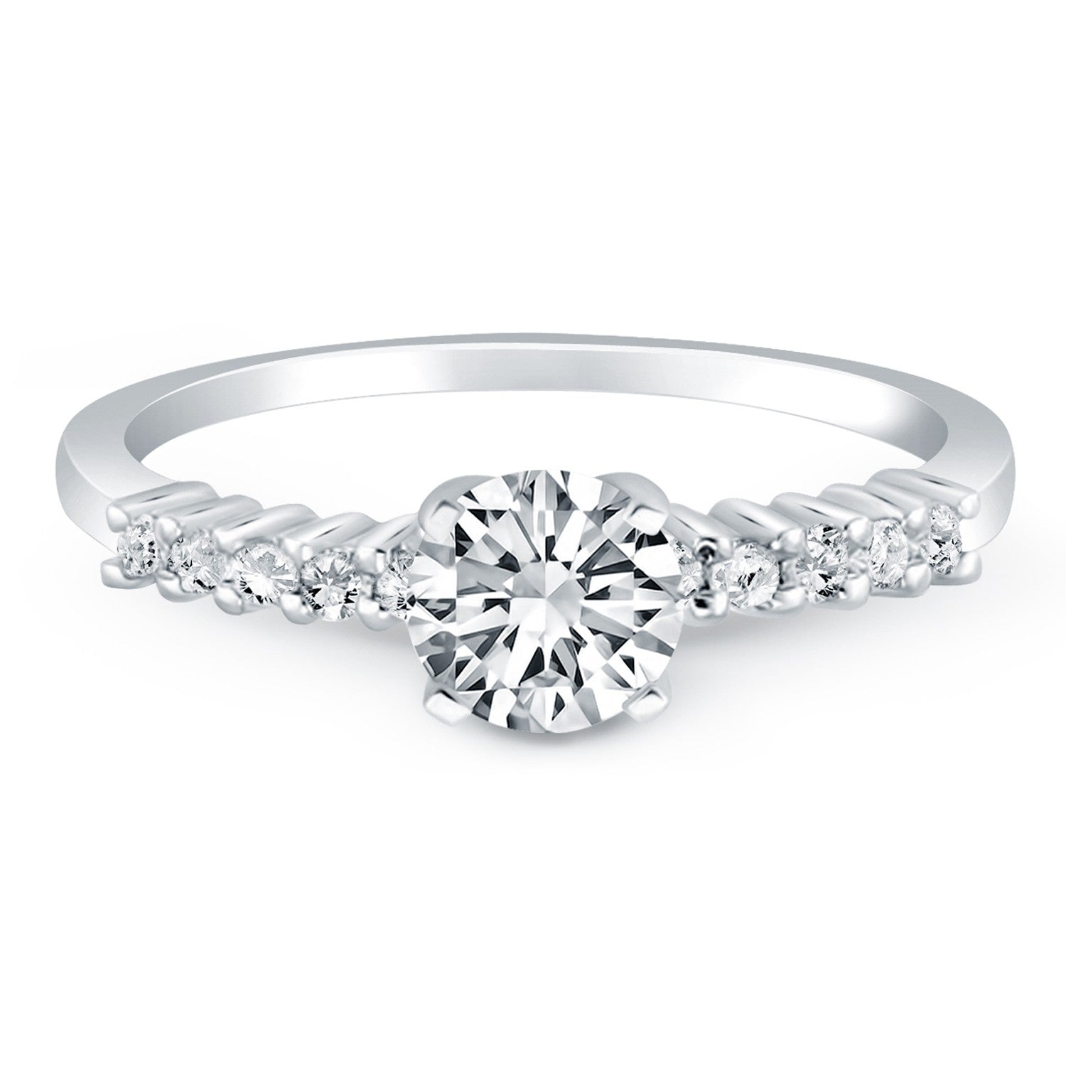 14k white gold engagement ring with a round center diamond and ten accent diamonds.