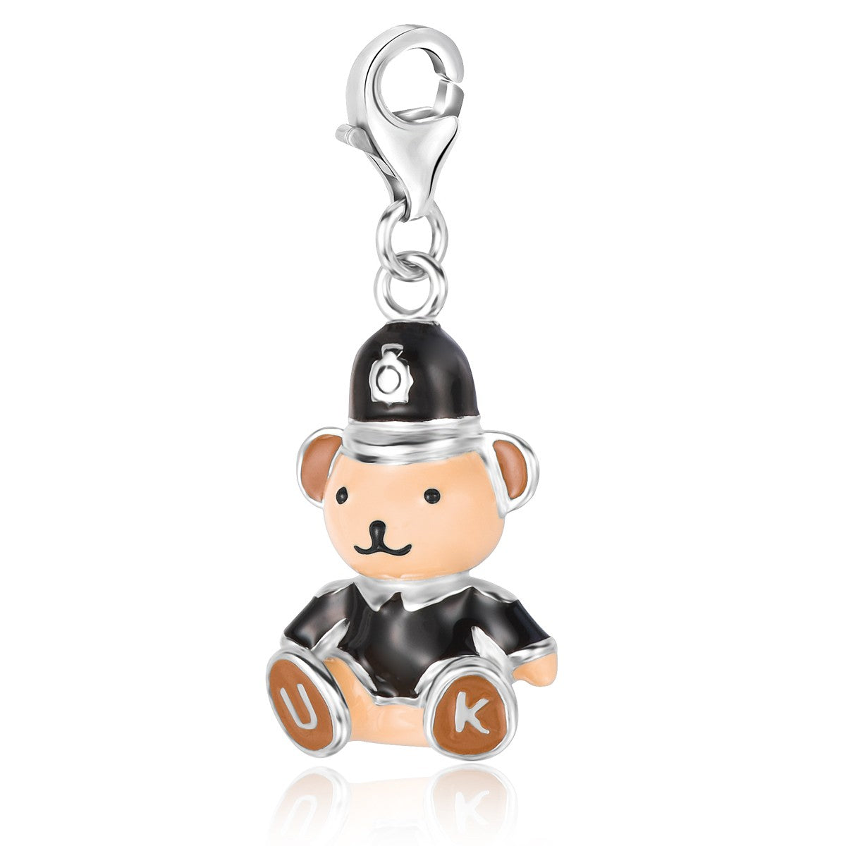 Sterling silver multi-color enameled teddy bear charm dressed as a police officer.