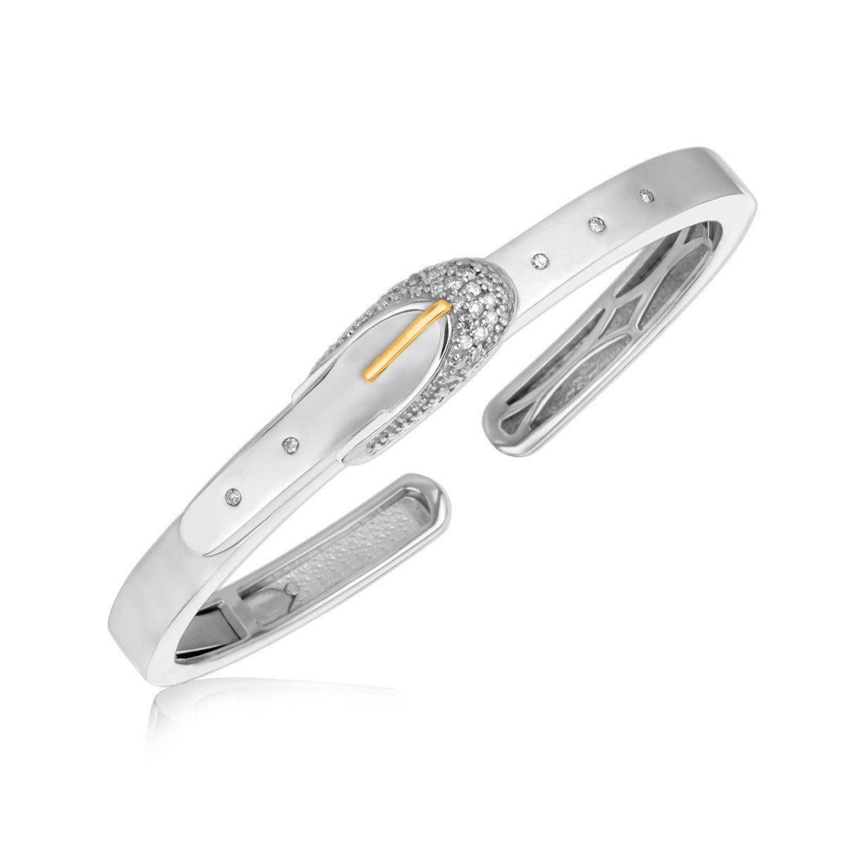 18K yellow gold and sterling silver oval diamond studded buckle bangle.