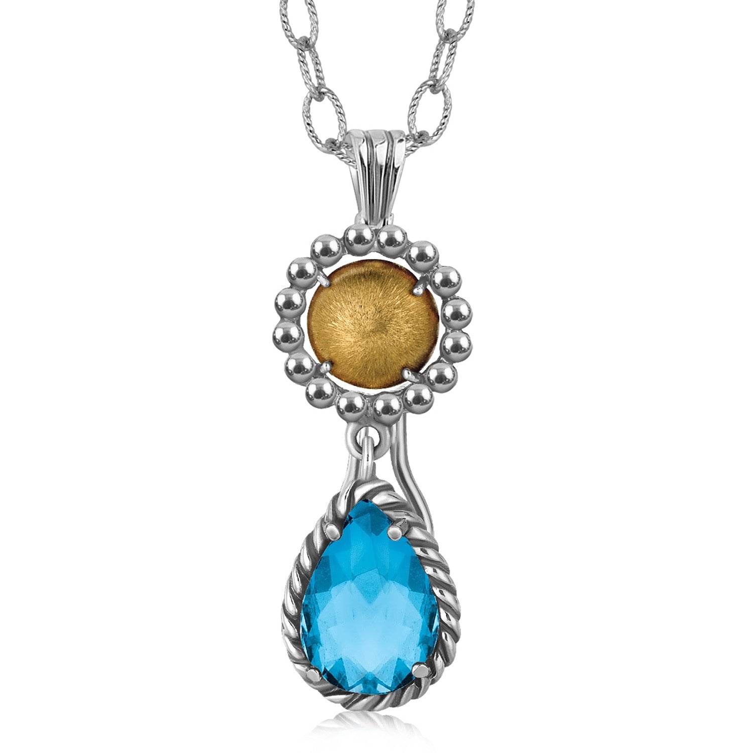 18K yellow gold and sterling silver pendant with a teardrop blue topaz accent.