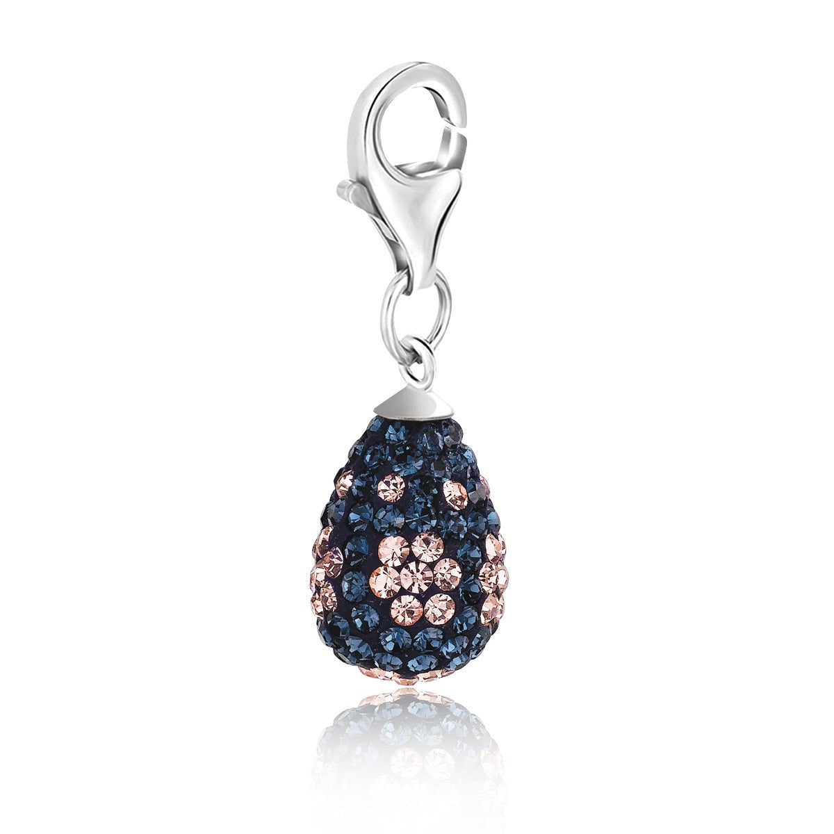 Sterling silver teardrop charm with navy and champagne crystal accents.