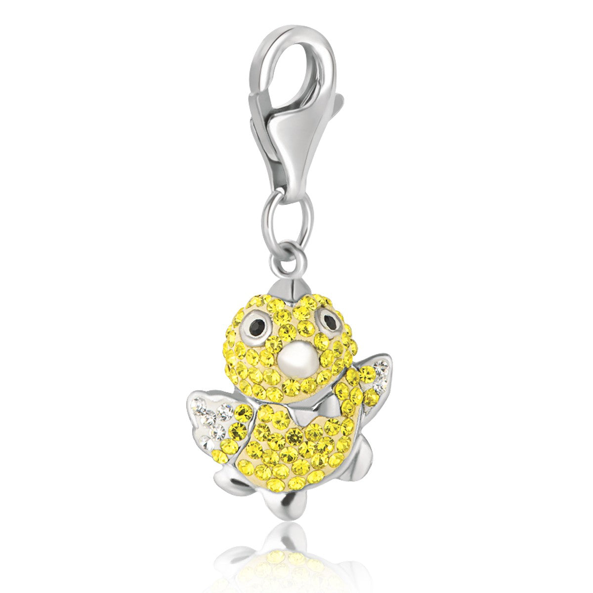 Sterling silver chick charm with yellow and white crystal accents and a lobster clasp.