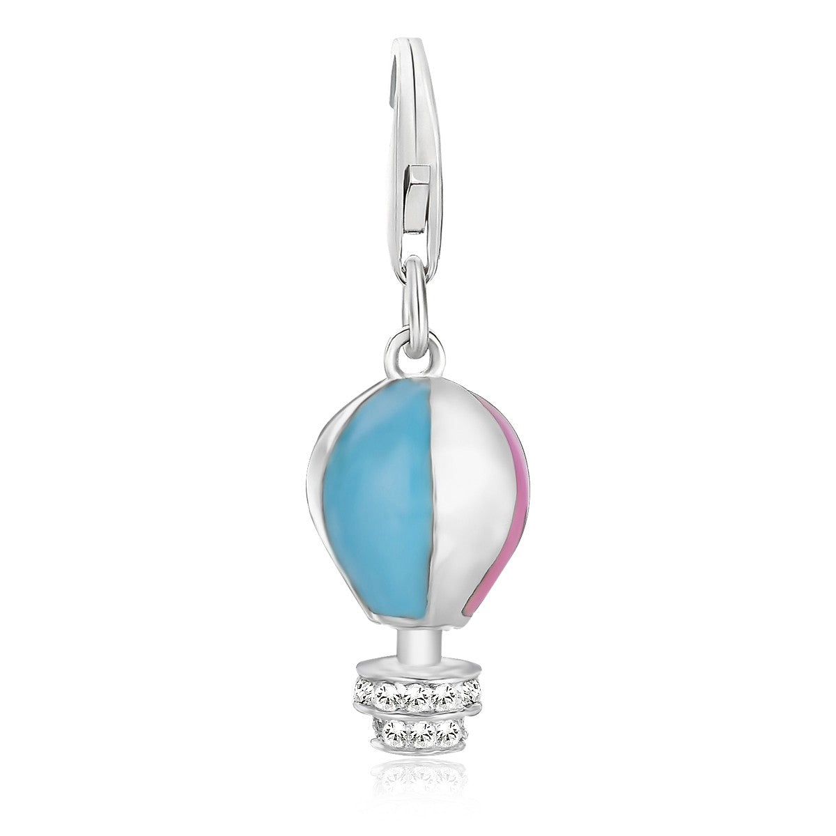 Sterling silver hot air balloon charm with blue, pink, and white enamel and crystal accents.