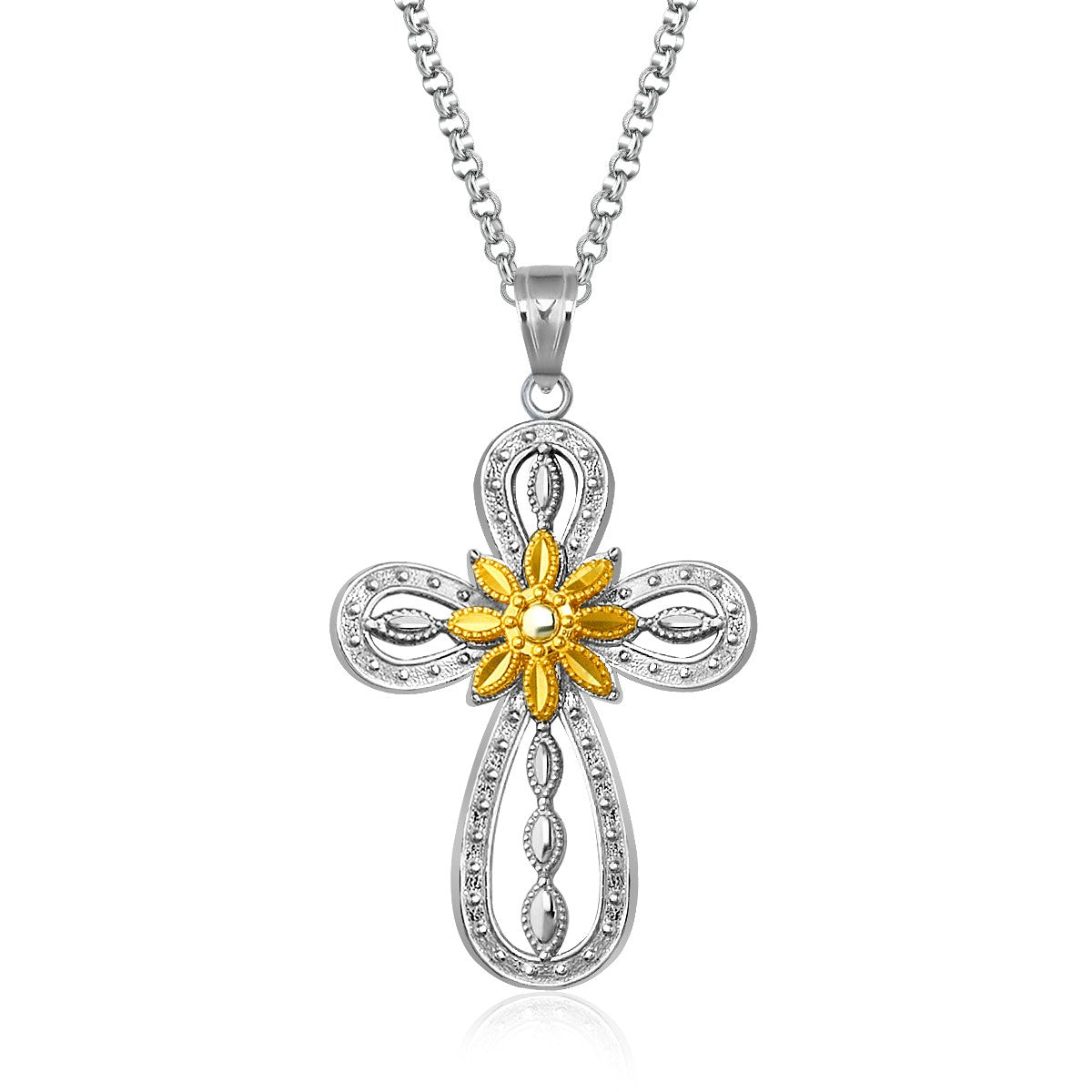 Sterling silver open loop cross pendant with a 14K yellow gold sunburst center.