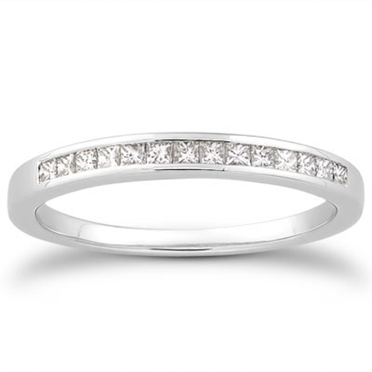 14k white gold channel set princess diamond wedding ring band.
