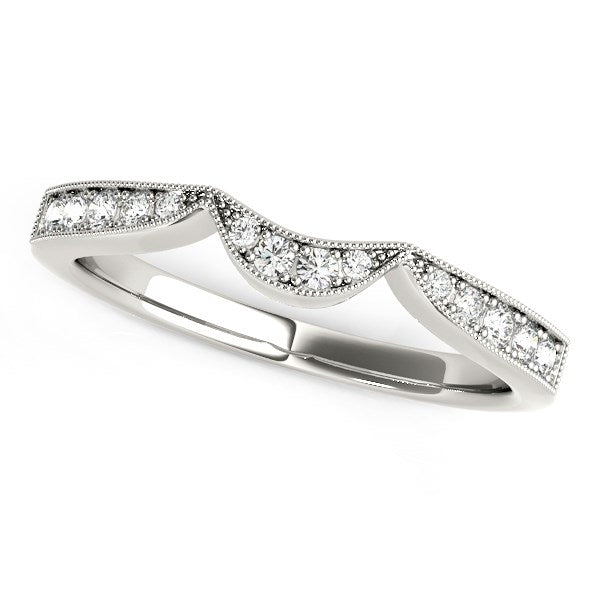 14k white gold curved wedding band with milgrain detailing and prong-set diamonds.