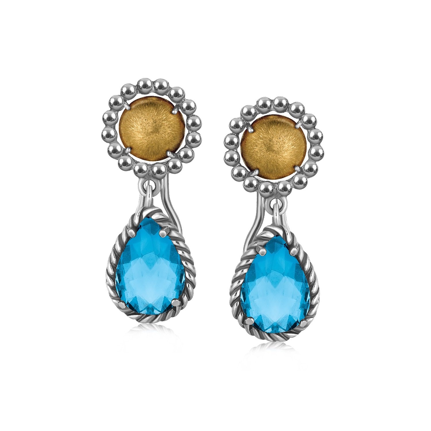 18K yellow gold and sterling silver drop earrings with blue topaz.