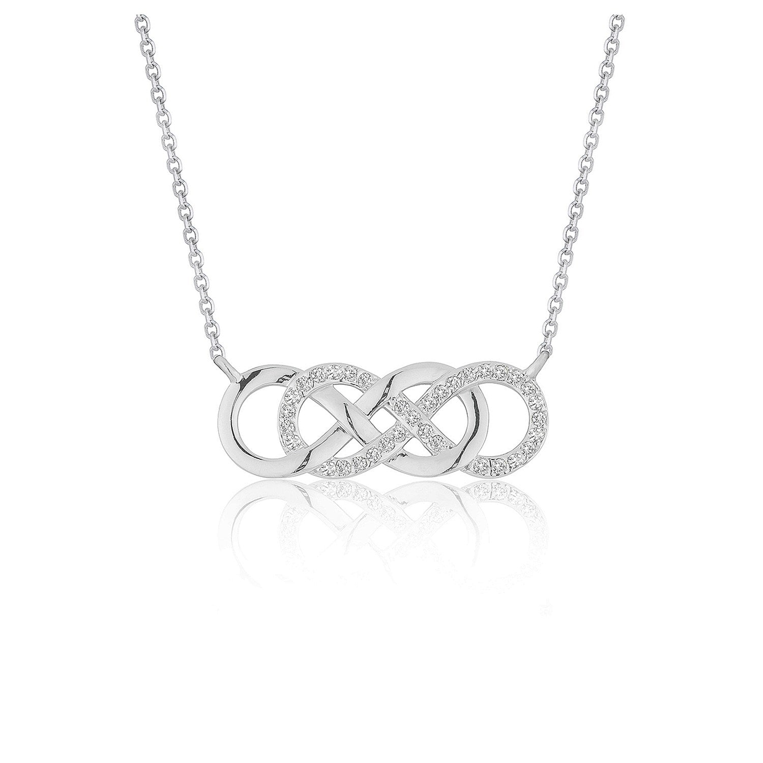 A white gold double infinity diamond pendant on a cable chain.