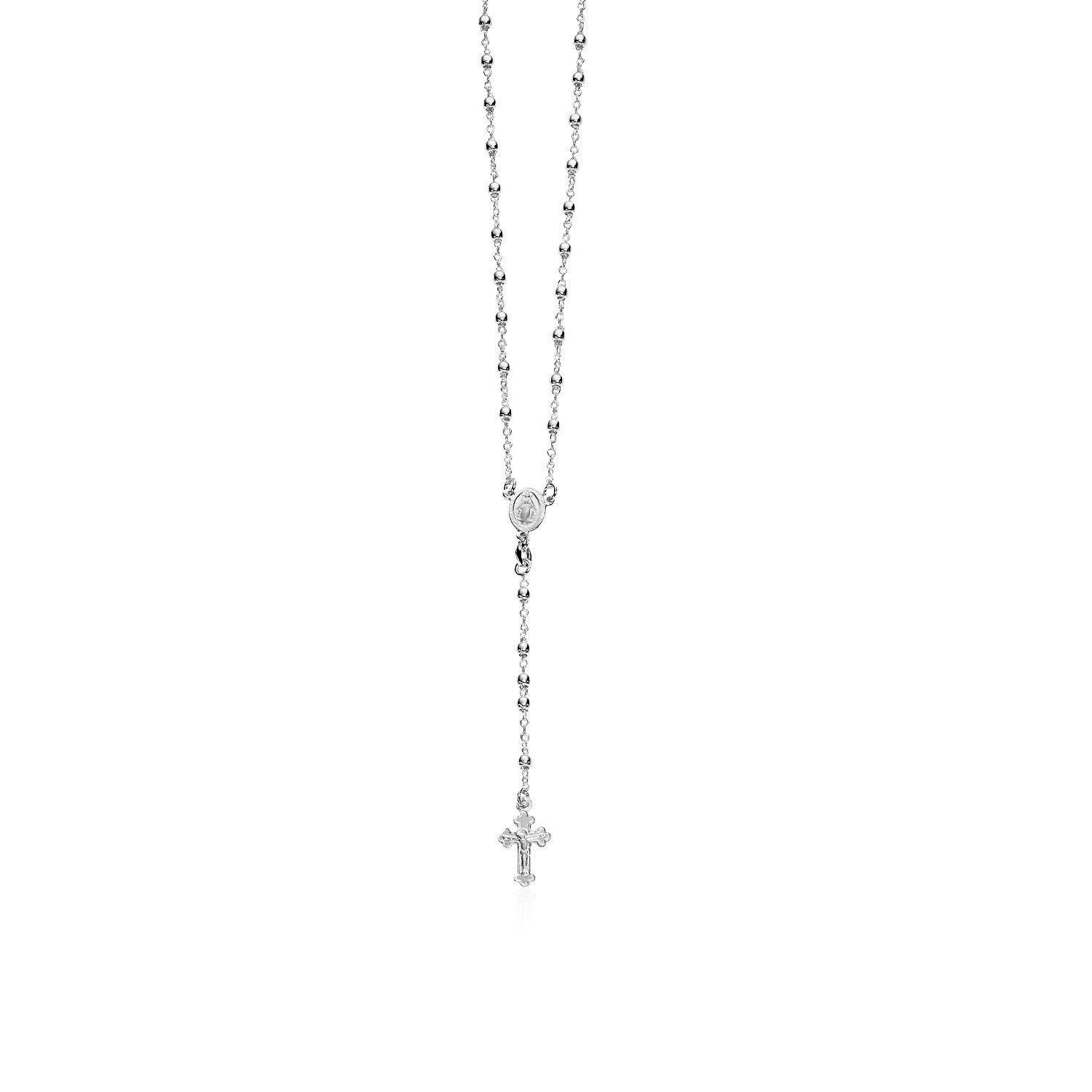 Sterling silver rosary necklace with polished beads and a decorated crucifix.