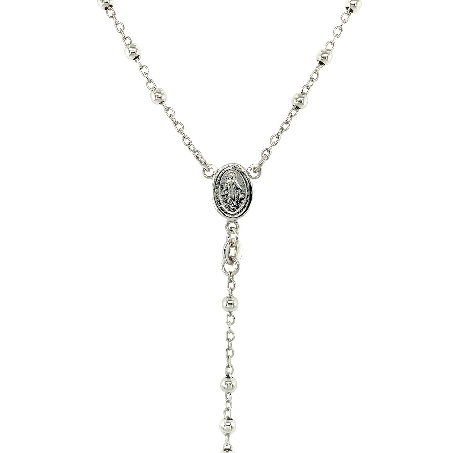 Sterling silver rosary necklace with polished beads and an oval Miraculous Medal.