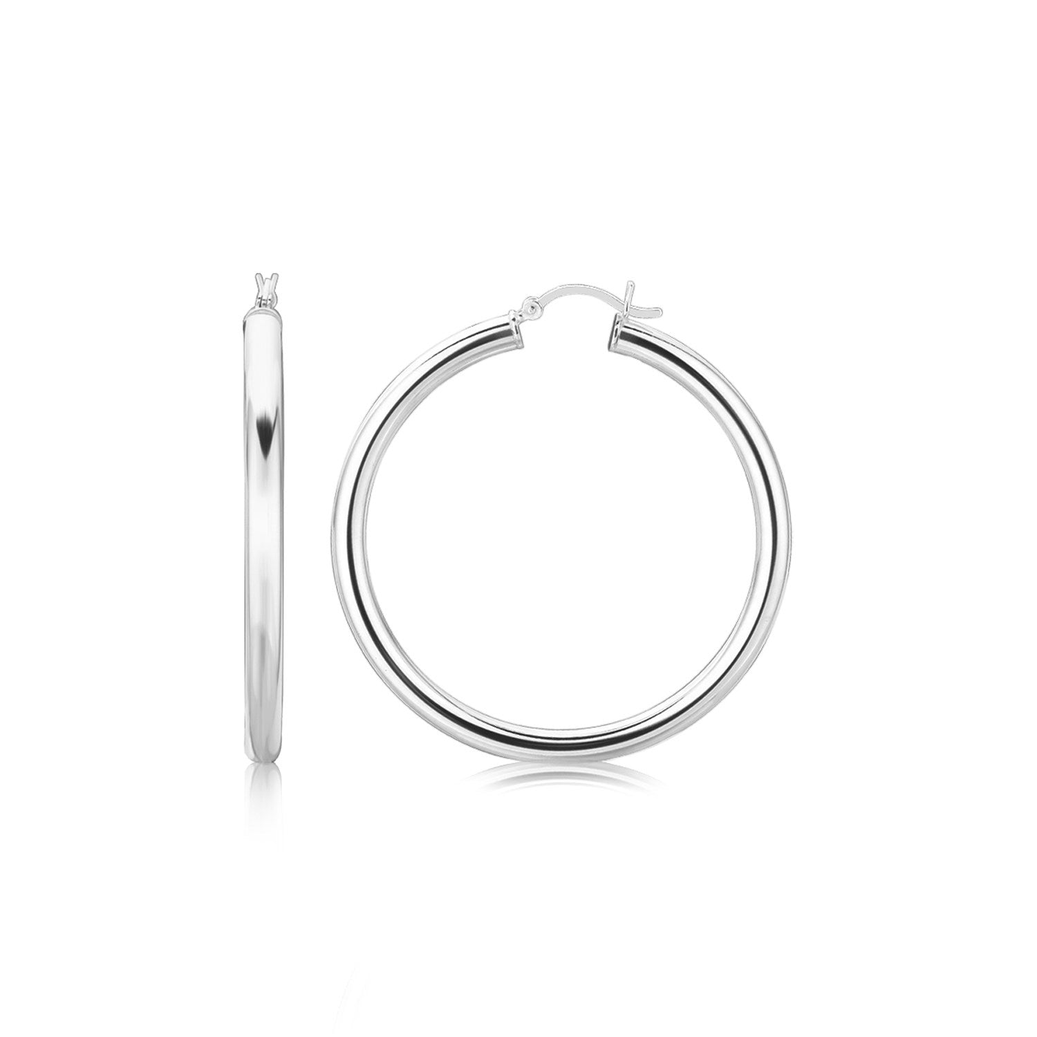 A pair of sterling silver rhodium-plated thick, large, polished hoop earrings.