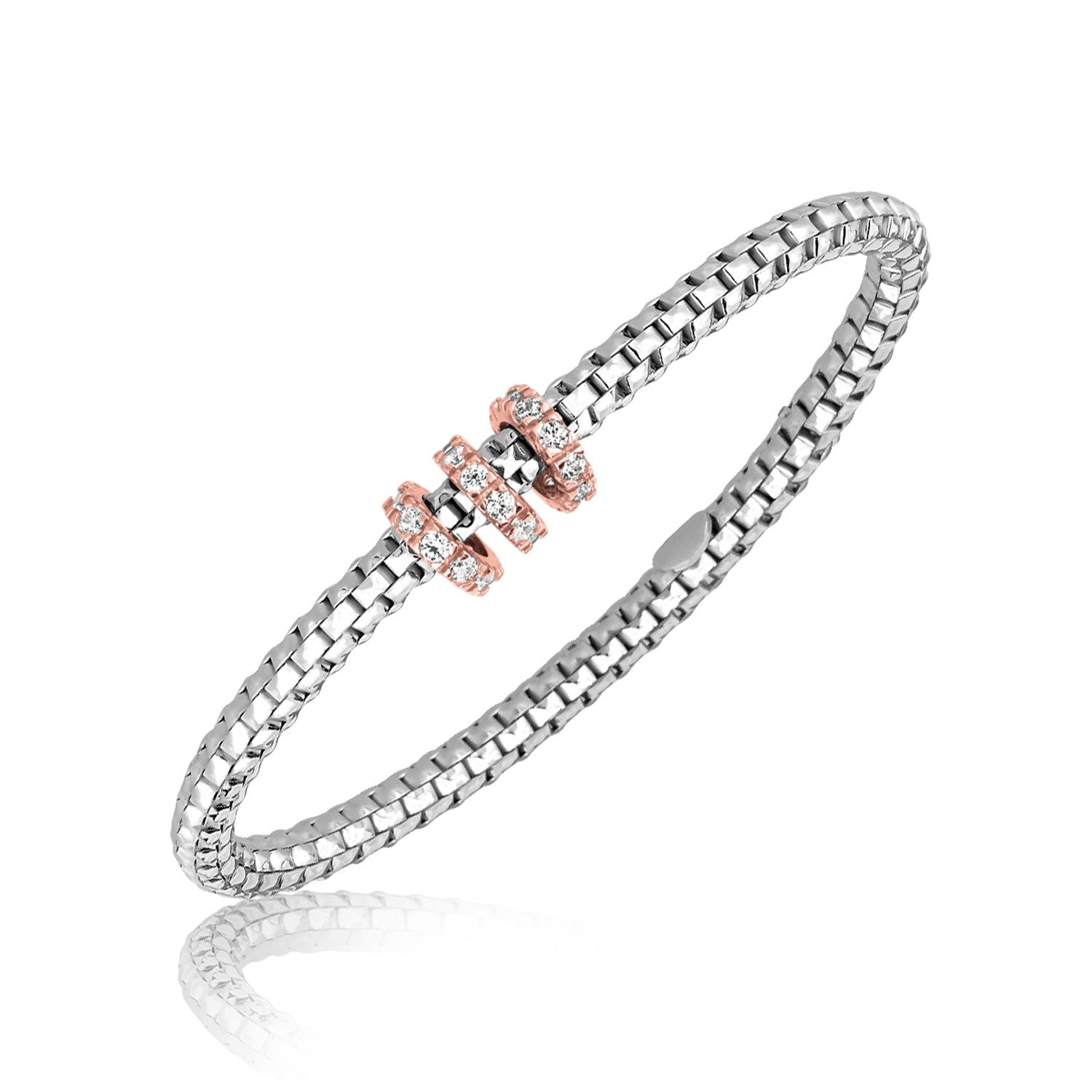 Sterling silver rhodium-plated mesh bangle with crystal-studded rose gold stations.