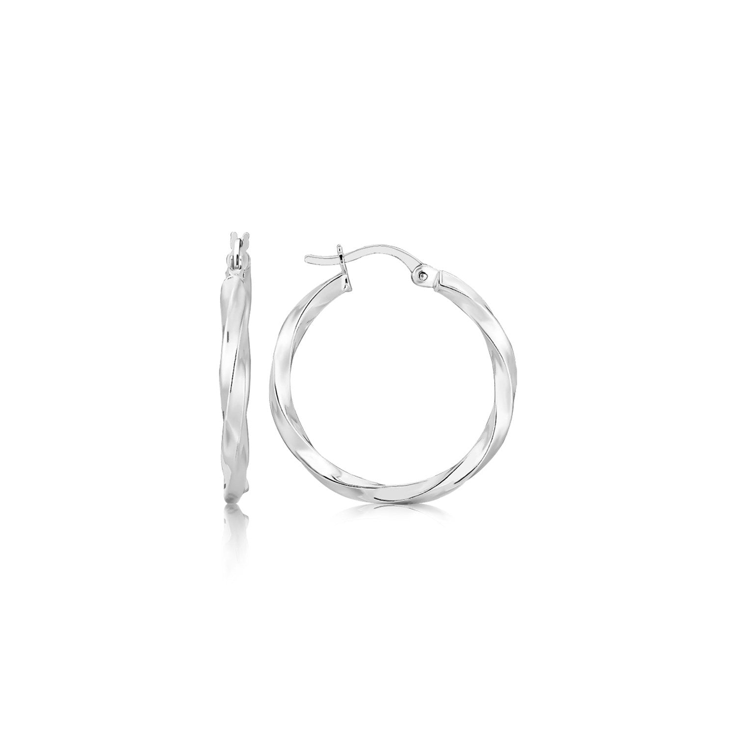 Sterling silver polished spiral motif hoop earrings with snap backings.