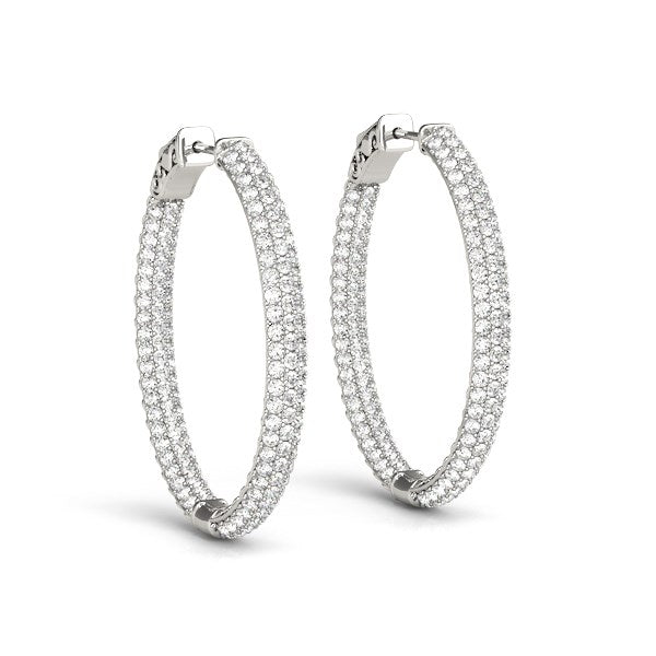 14k white gold double-sided three-row diamond hoop earrings with hinge locks.