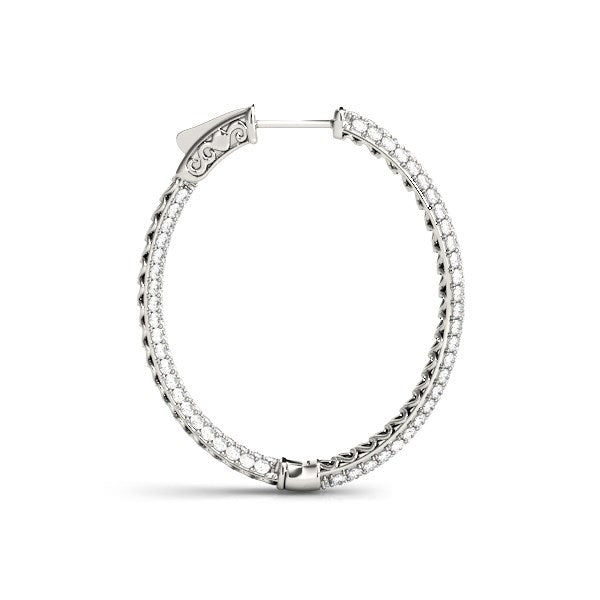 14k white gold double-sided three-row diamond hoop earring with a hinged snap back.