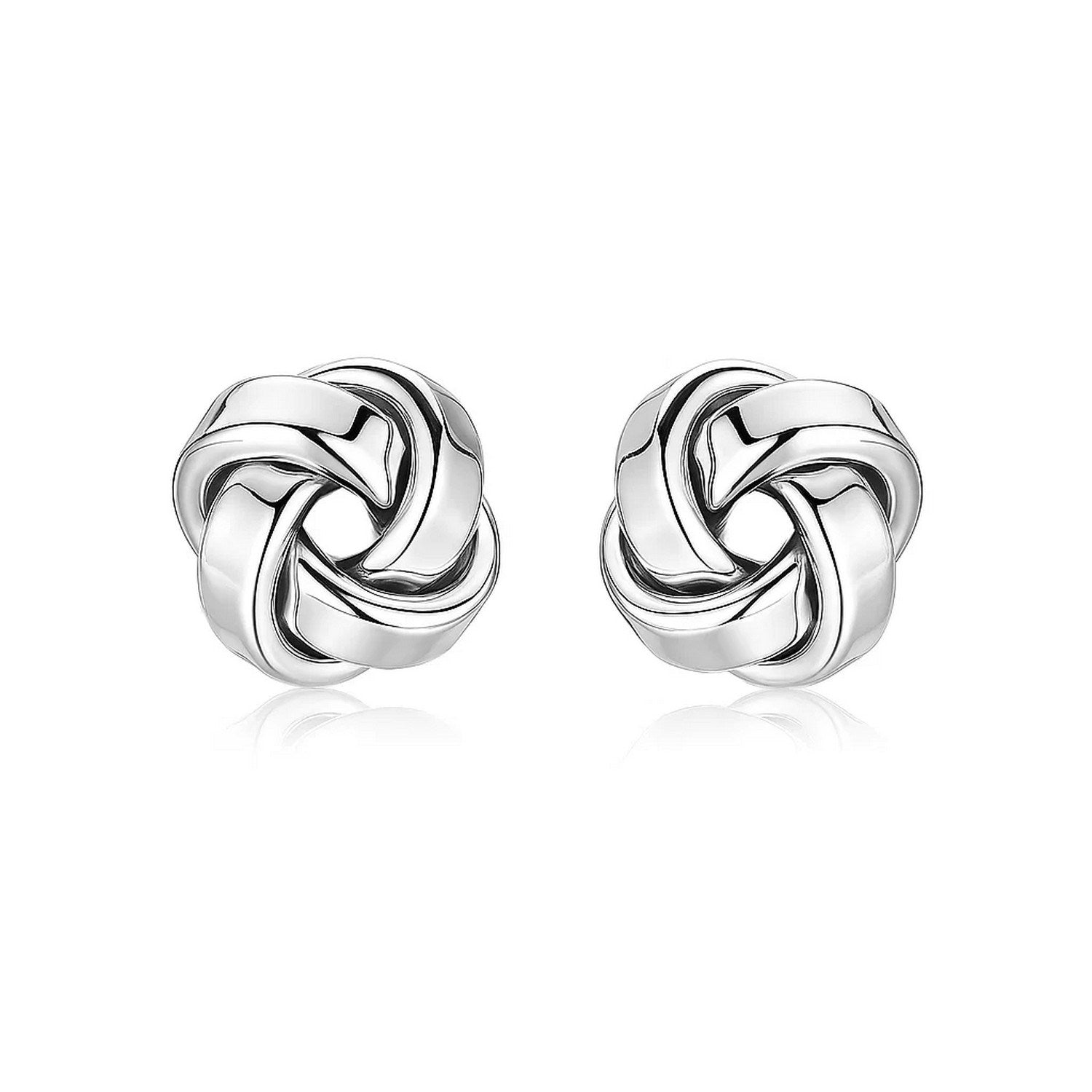 Petite sterling silver polished love knot earrings, 9mm in diameter.