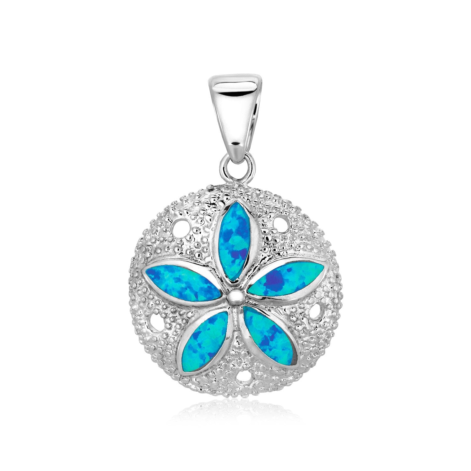 Sterling silver sand dollar pendant with five marquise-shaped blue opal inlays.