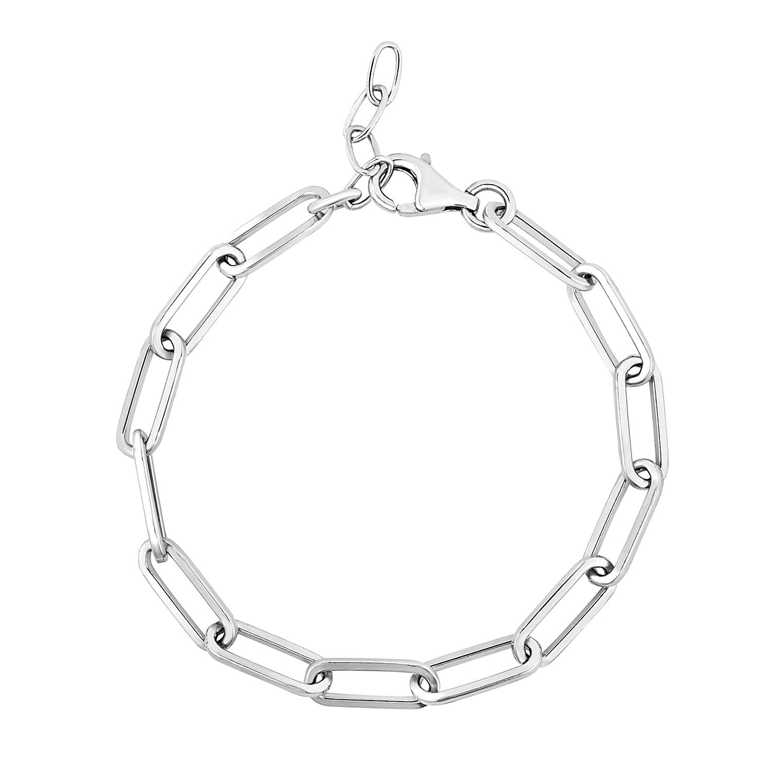 Sterling silver wide paperclip chain bracelet with a lobster clasp.
