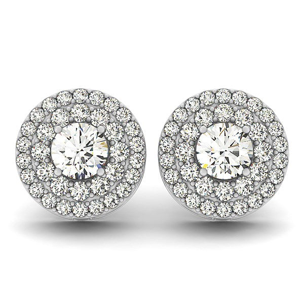 Two 14k white gold double halo round diamond earrings with push backs.