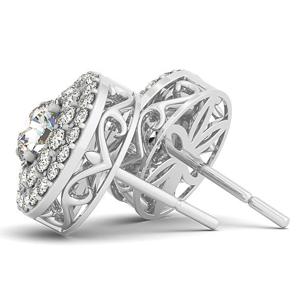 14k white gold double halo round diamond earrings with filigree side detailing.