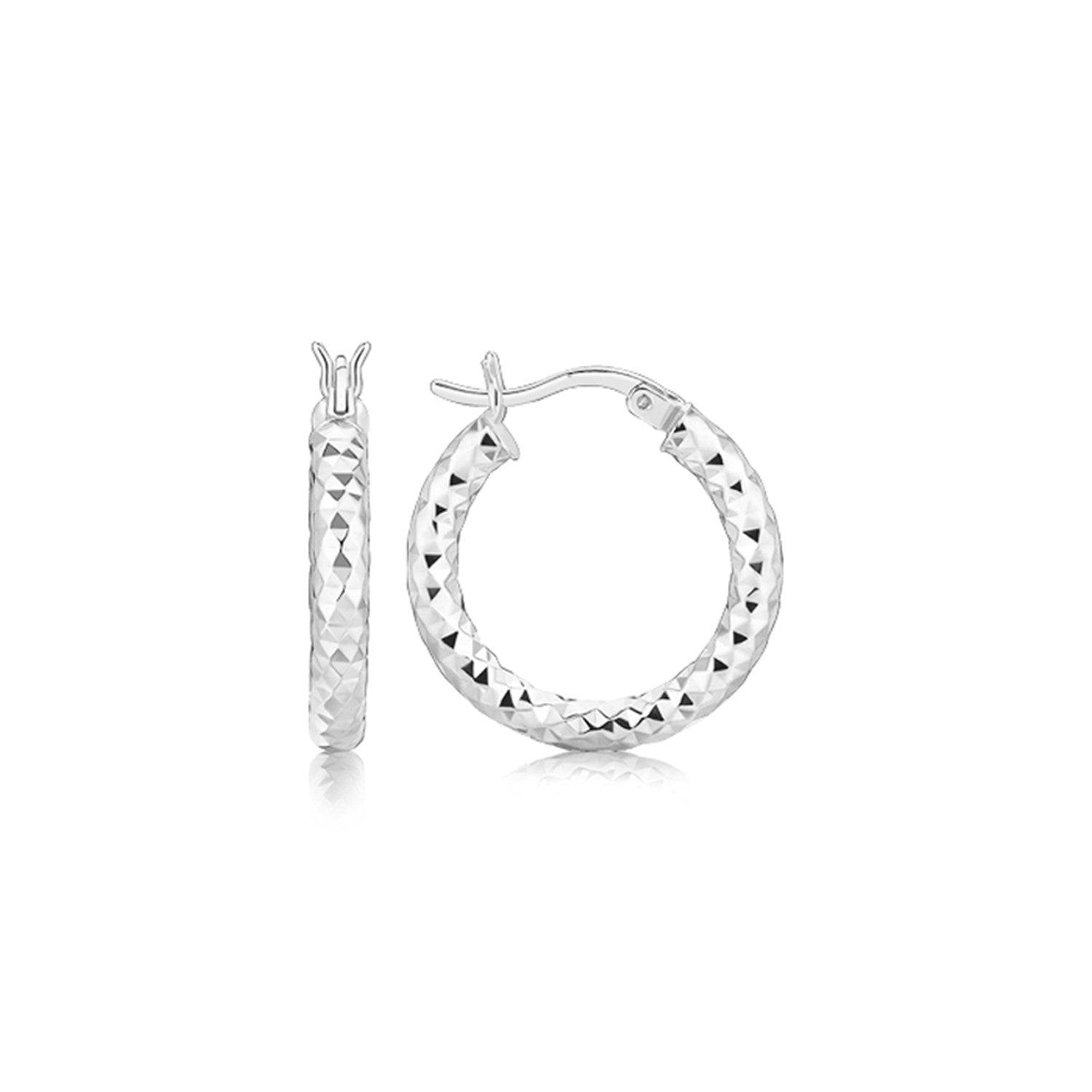 Sterling silver rhodium-plated faceted hoop earrings with snapbacks.