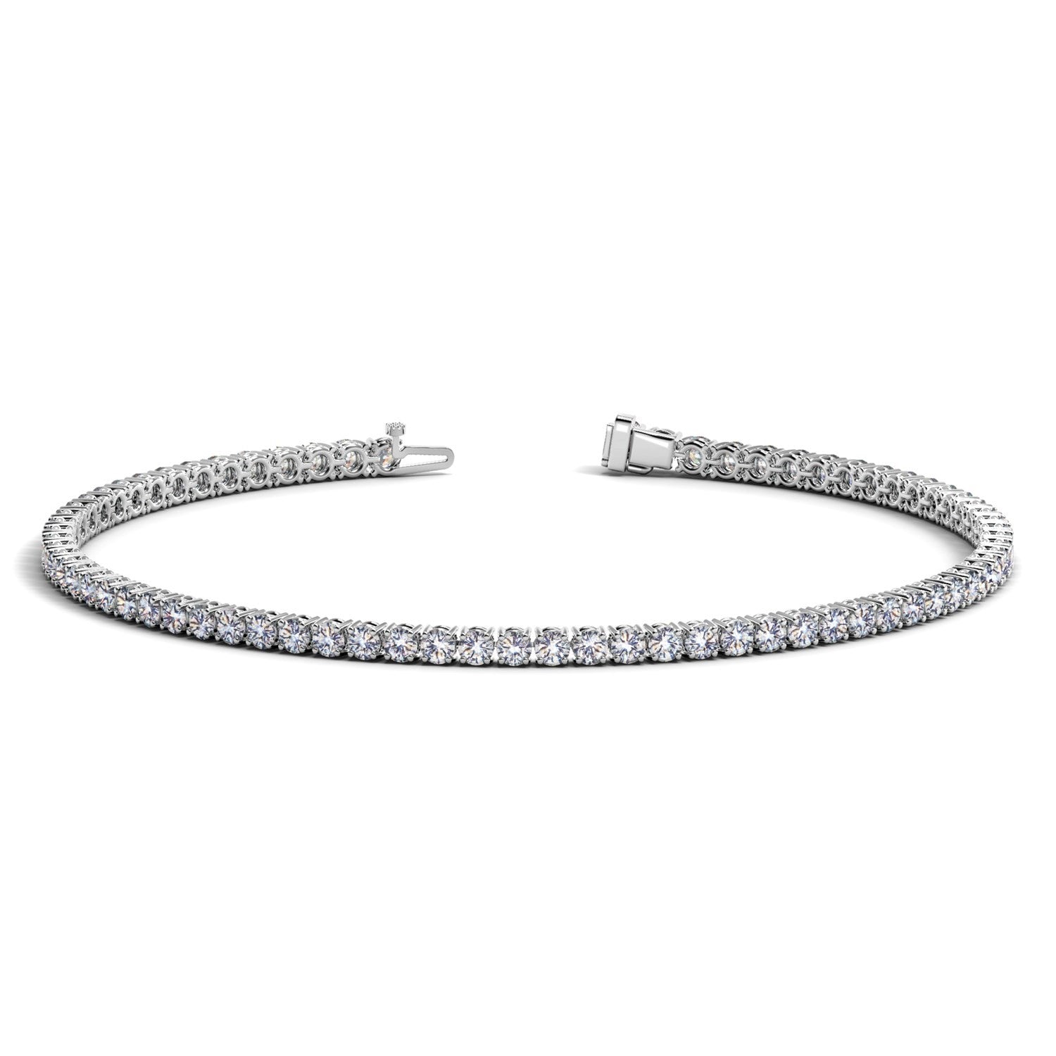 A lab-grown round diamond tennis bracelet in 14k white gold, with an open clasp.