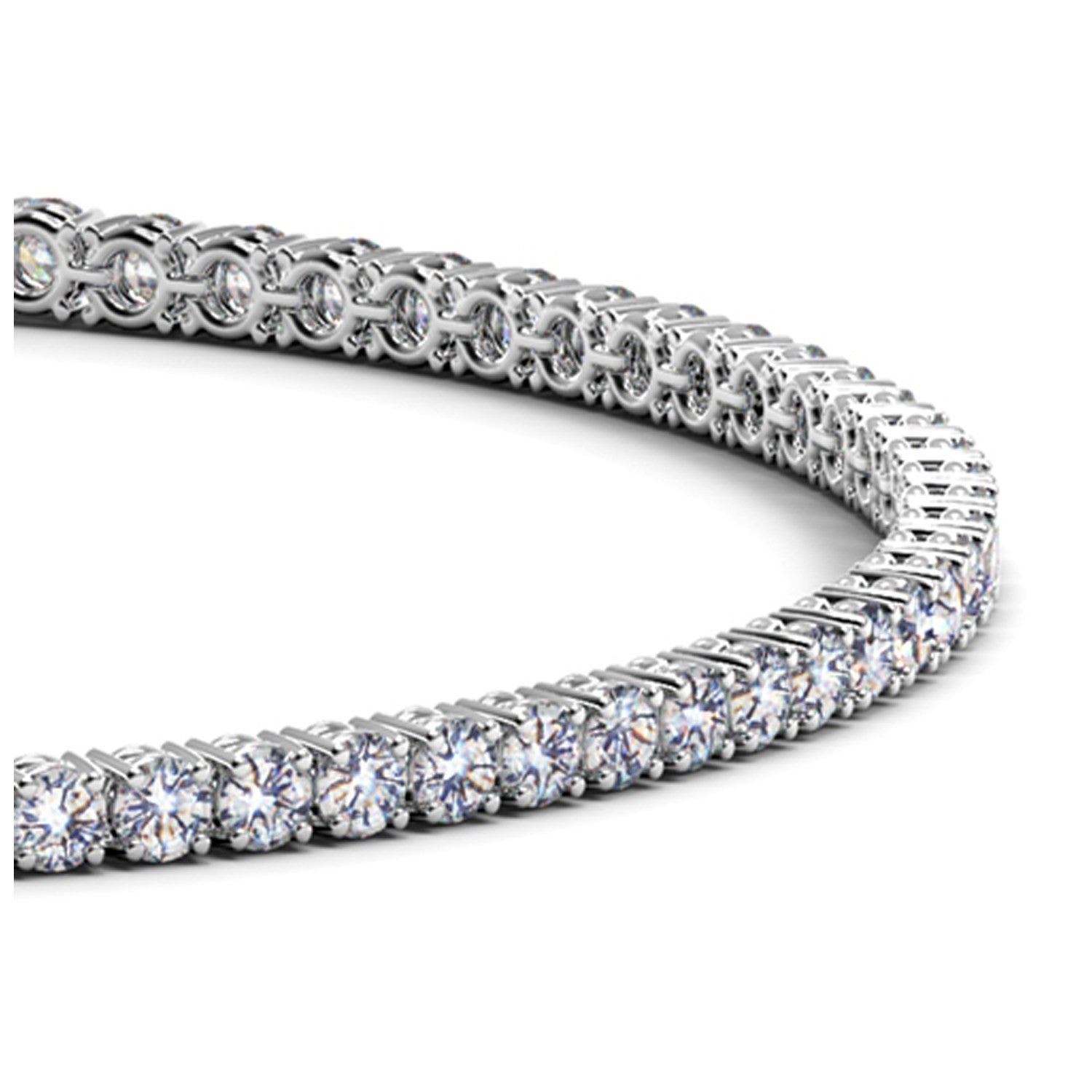 A white gold tennis bracelet with numerous round, brilliant-cut diamonds.