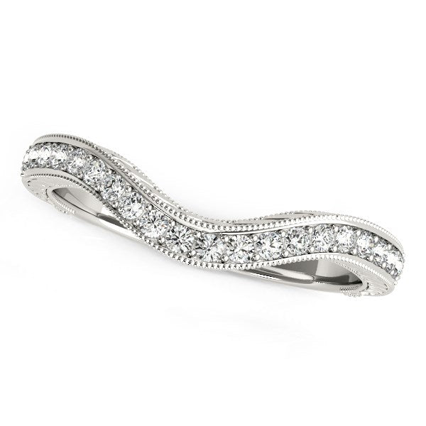 14k white gold milgrained baroque curved diamond wedding ring with 20 round diamonds.