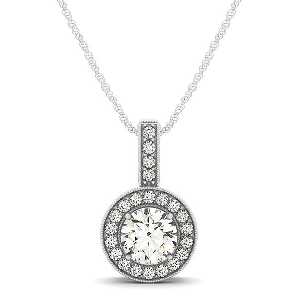 Milgrain edge diamond halo pendant in 14k white gold with a rope chain.