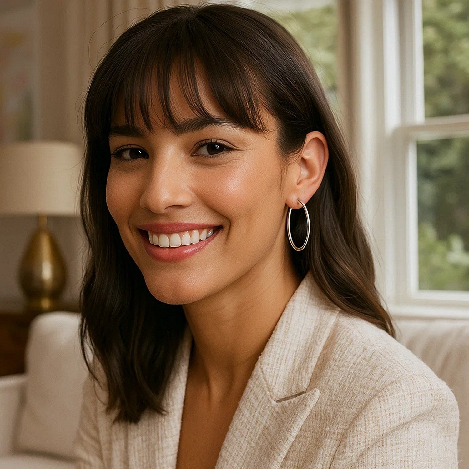 Sterling silver thin polished hoop earrings with rhodium plating.