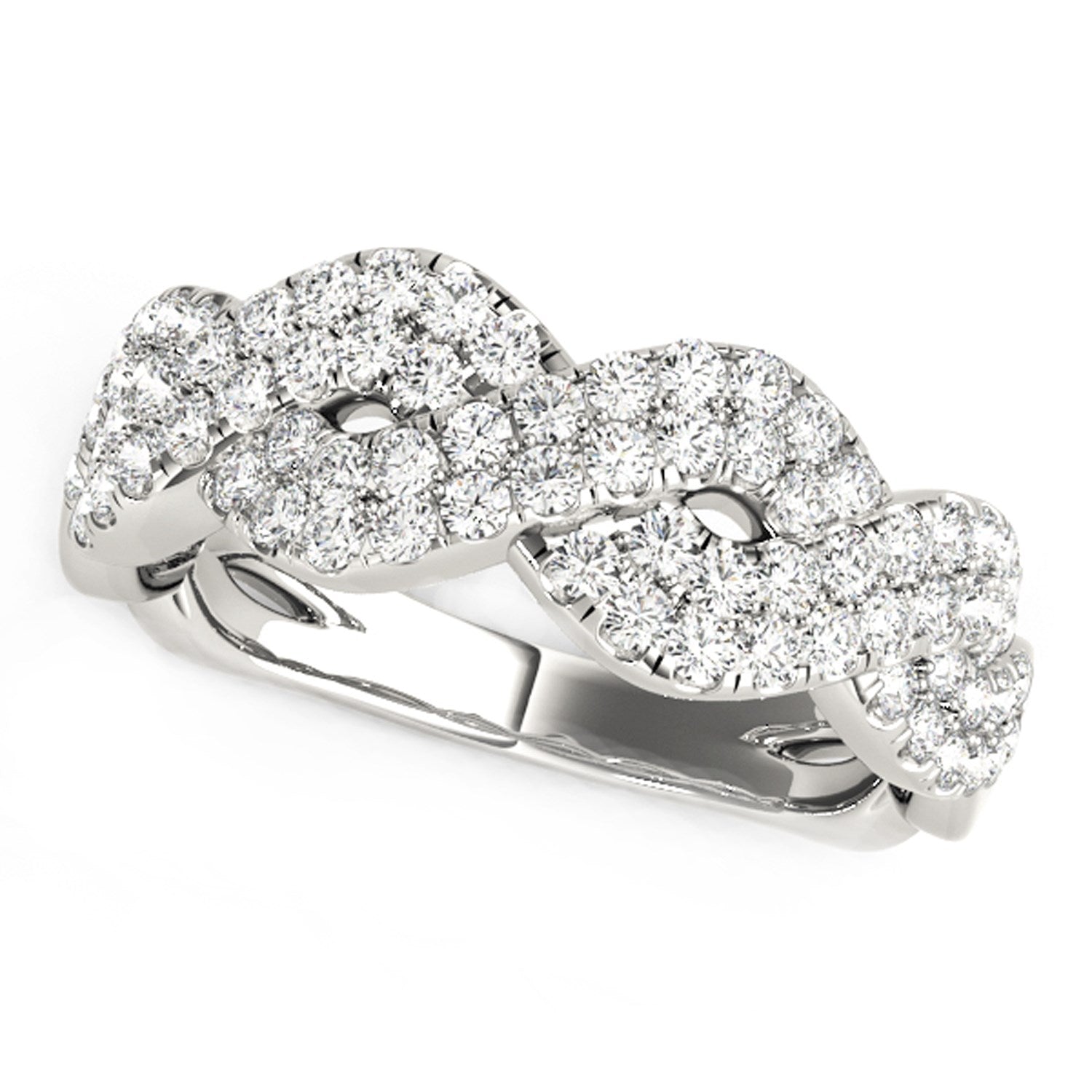 Diamond studded interlocking waves ring in 14k white gold.