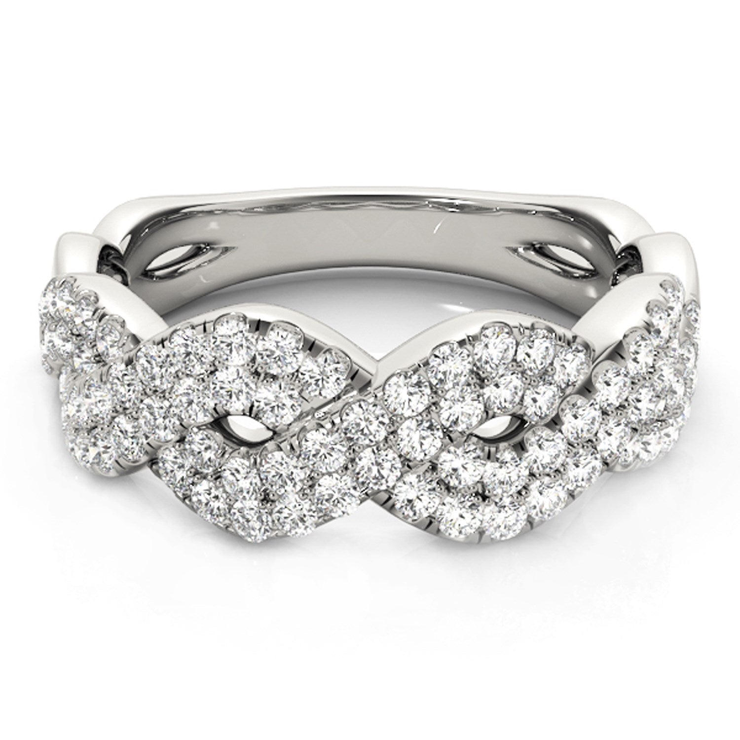 Diamond studded interlocking waves ring in 14k white gold.