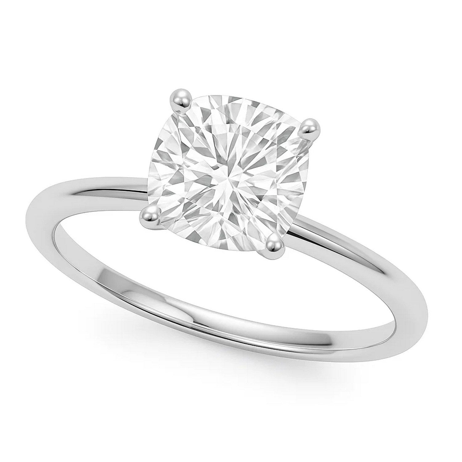 A cushion-cut diamond solitaire ring in 14K white gold.