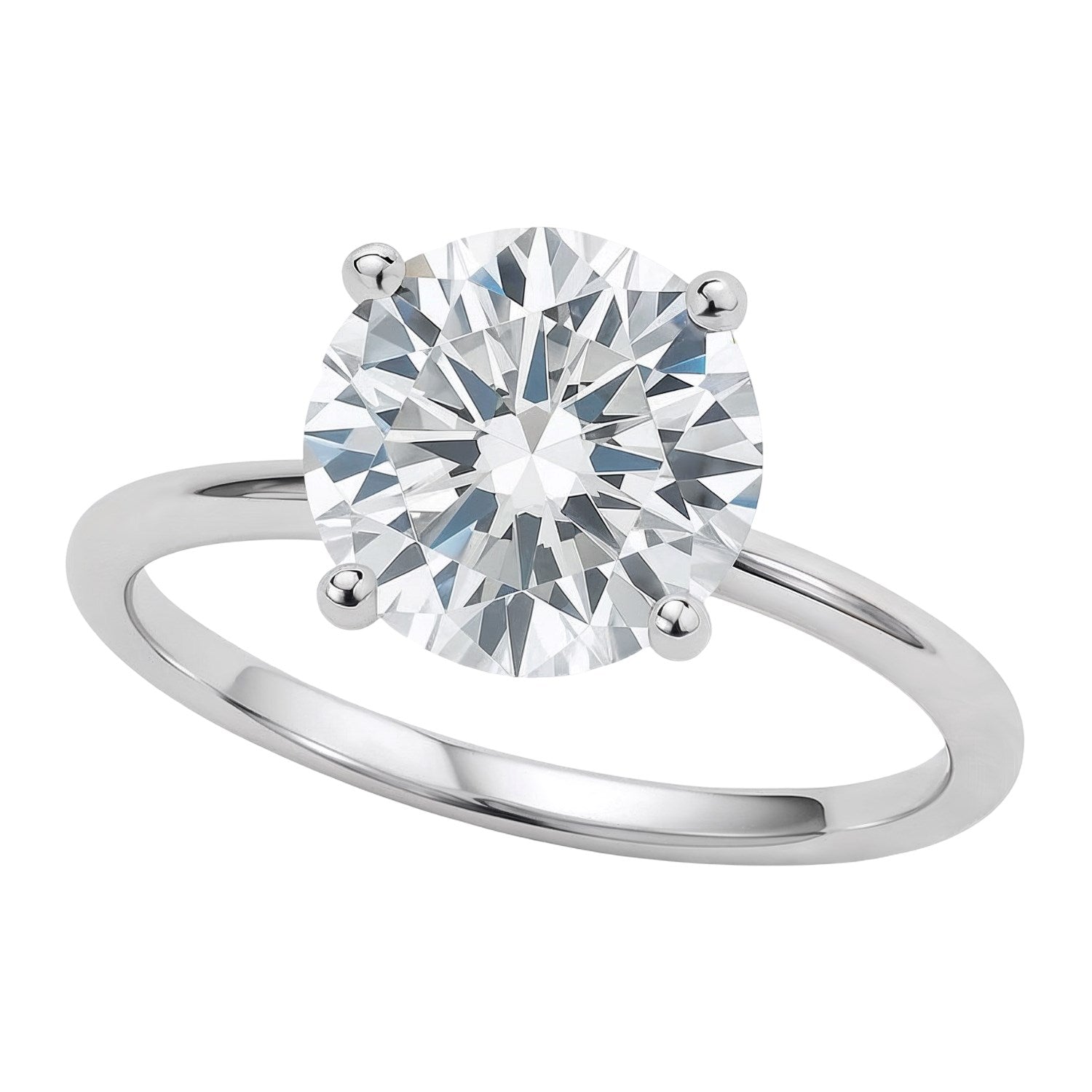 A 3 carat round lab grown diamond solitaire ring in 10K white gold.