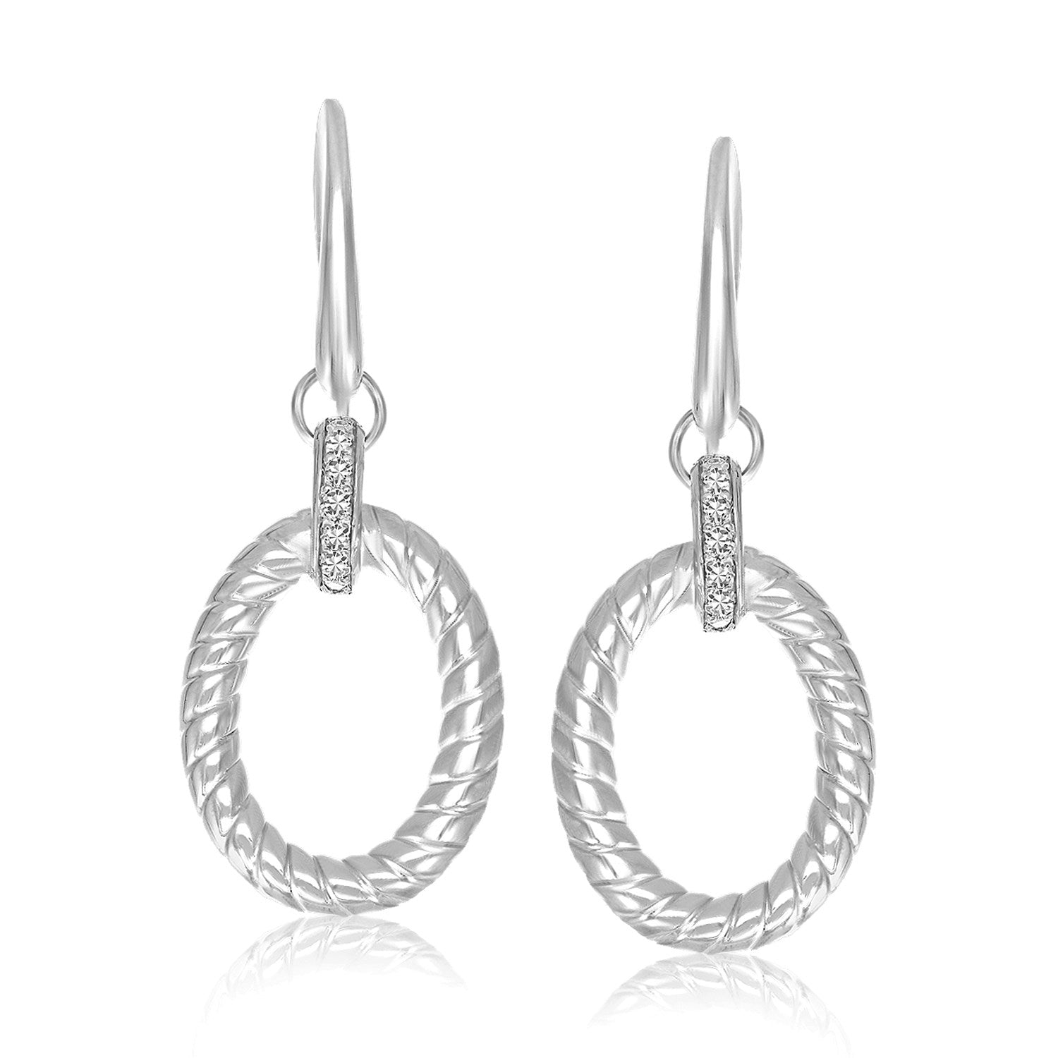 Sterling silver rhodium-finished oval rope drop earrings with diamond embellishments.