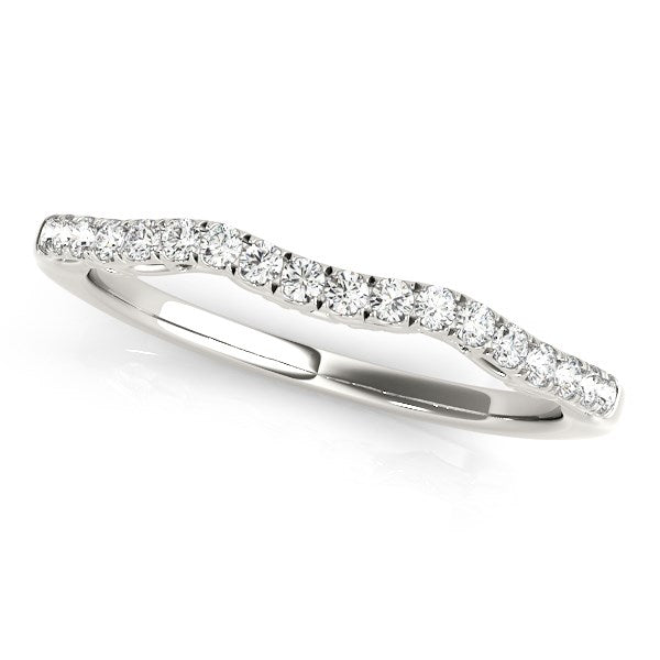 14k white gold wave motif diamond wedding band with pave set round diamonds.