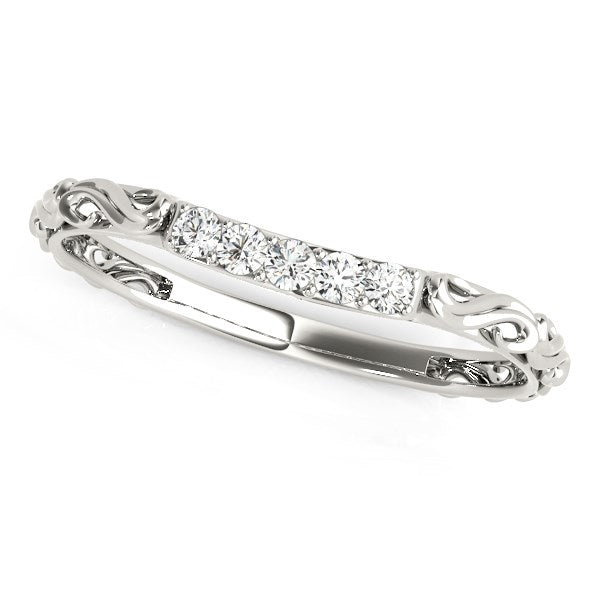 14k white gold antique style curved diamond wedding band with six round diamonds.