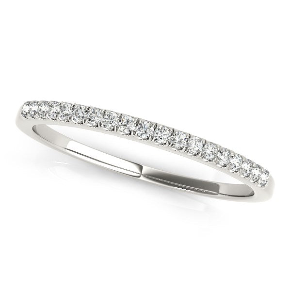 A 14k white gold wedding ring with scallop pave set round diamonds.