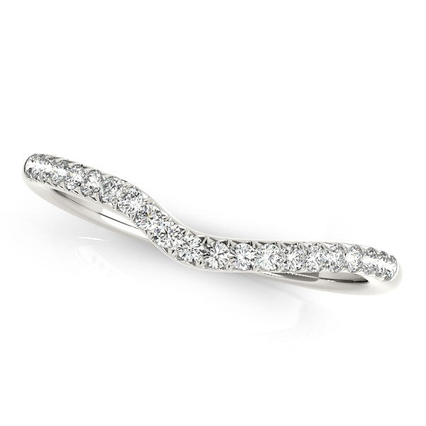 14k white gold curved pave diamond wedding ring with 16 round diamonds.