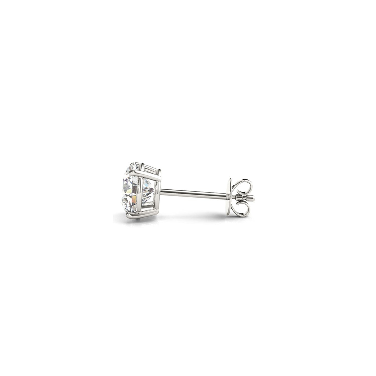 A single round lab-grown diamond stud earring in a four-prong white gold setting with a push back.