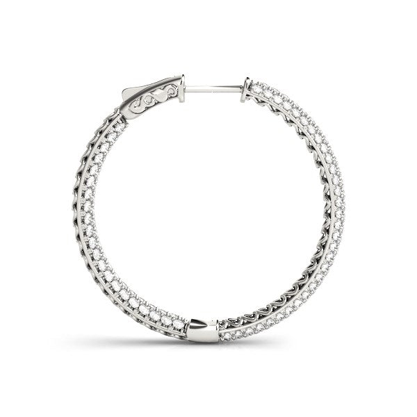 14k white gold two-row pave set diamond hoop earrings with hinge locks.