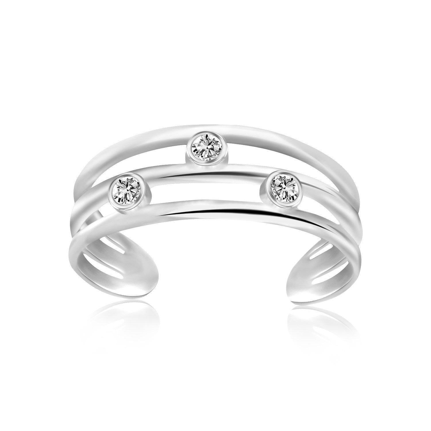 Sterling silver rhodium plated triple line open toe ring with three cubic zirconia.