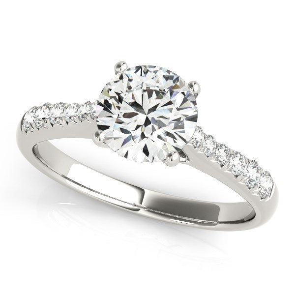 14k white gold round cut diamond engagement ring with a pave band.