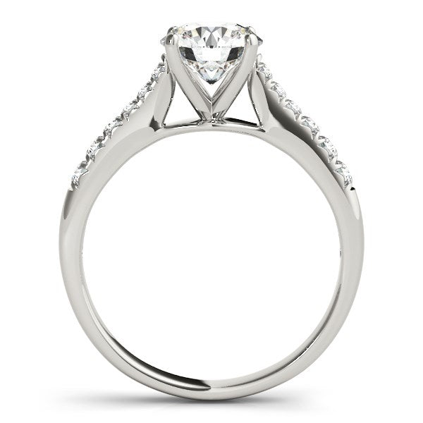 14k white gold round cut diamond engagement ring with a pave band.