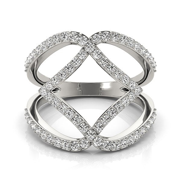 14k white gold entwined diamond dual band ring with 72 round diamonds.